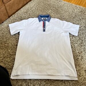 Stylish FJ White Polo Shirt with Blue tulip Accents